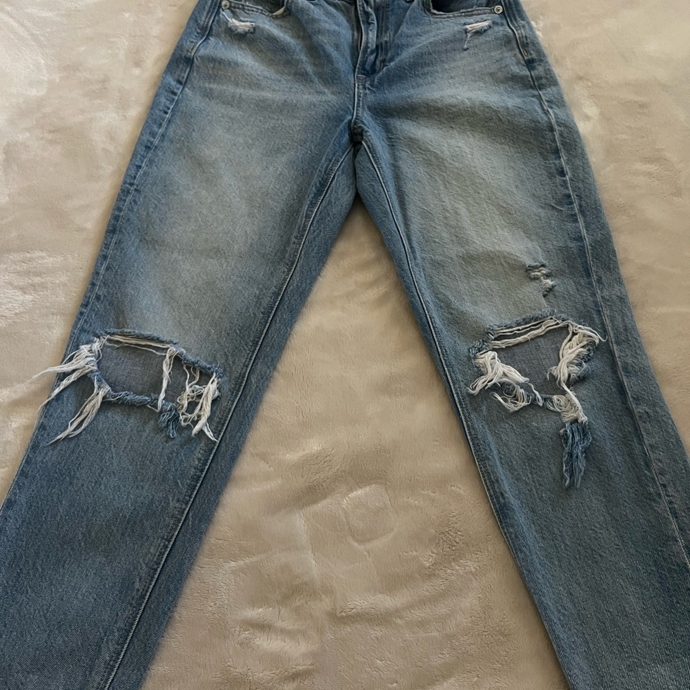 American Eagle Outfitters Blue Straight Leg Jeans with Distressed Knees